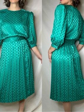 Vintage Emerald Green Checker Satin Midi Dress Pure Argenti